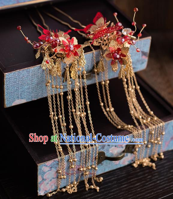 Chinese Ancient Handmade Red Butterfly Hair Crown Bride Tassel Hairpins Traditional Classical Wedding Hair Accessories for Women