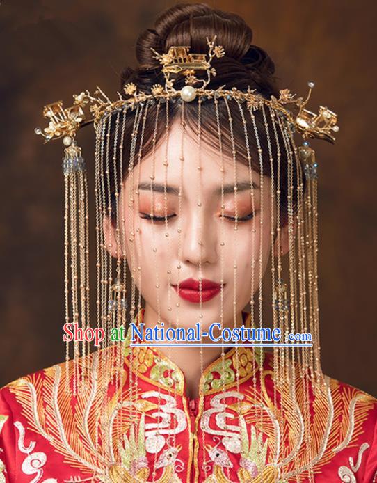 Chinese Ancient Bride Tassel Face Curtain Hairpins Traditional Wedding Hair Accessories for Women