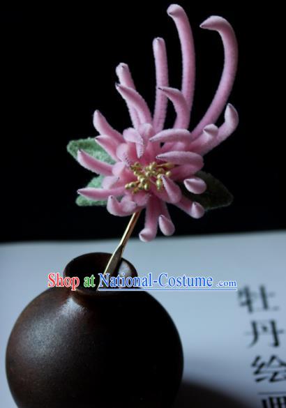 Top Grade Chinese Ancient Palace Pink Velvet Chrysanthemum Hairpins Traditional Hair Accessories Headdress for Women