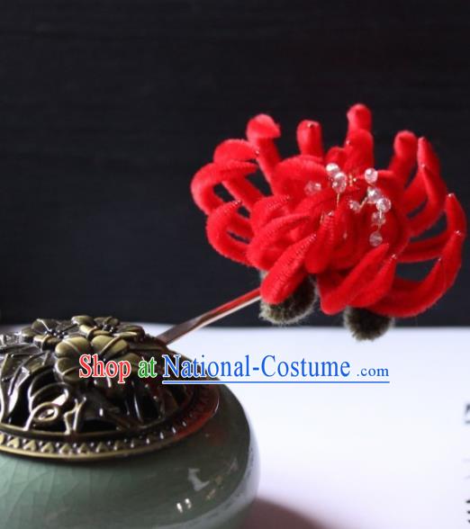 Top Grade Chinese Ancient Palace Red Velvet Chrysanthemum Hairpins Traditional Hair Accessories Headdress for Women