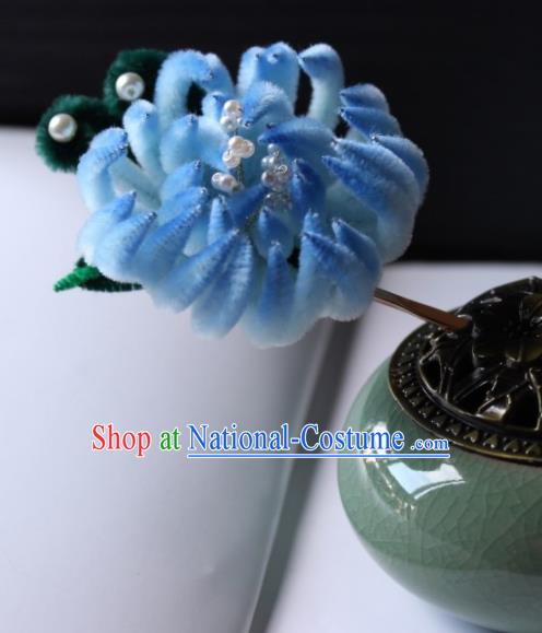 Top Grade Chinese Ancient Palace Blue Velvet Chrysanthemum Hairpins Traditional Hair Accessories Headdress for Women