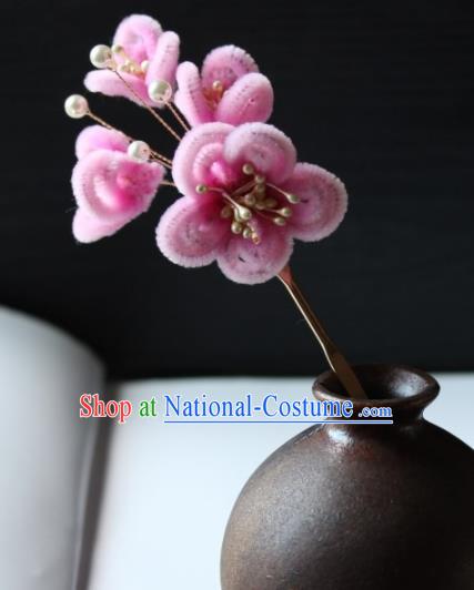 Top Grade Chinese Ancient Palace Pink Velvet Plum Blossom Hairpins Traditional Hair Accessories Headdress for Women