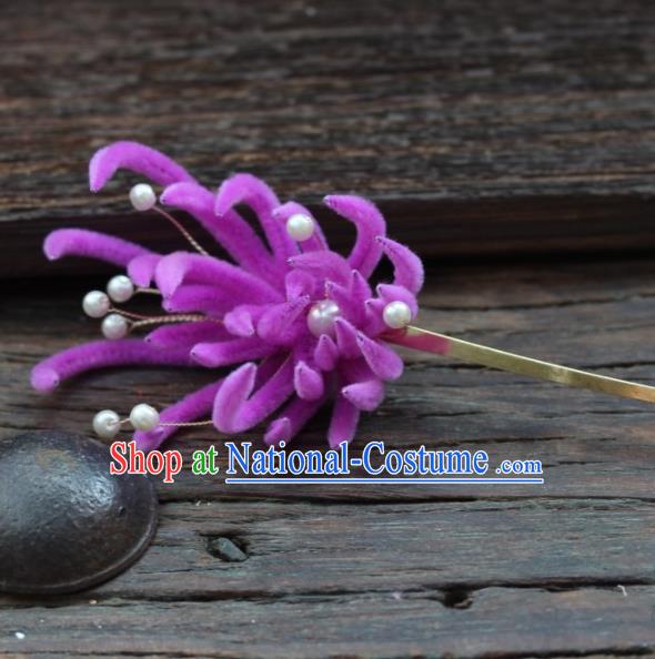 Top Grade Chinese Ancient Palace Queen Purple Velvet Chrysanthemum Hairpins Traditional Hair Accessories Headdress for Women