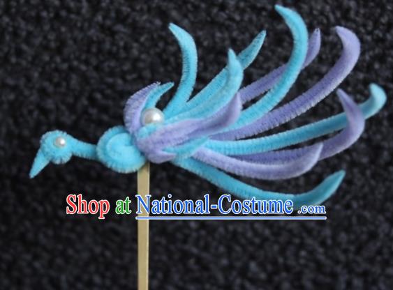 Top Grade Chinese Ancient Palace Queen Blue Velvet Phoenix Hairpins Traditional Hair Accessories Headdress for Women