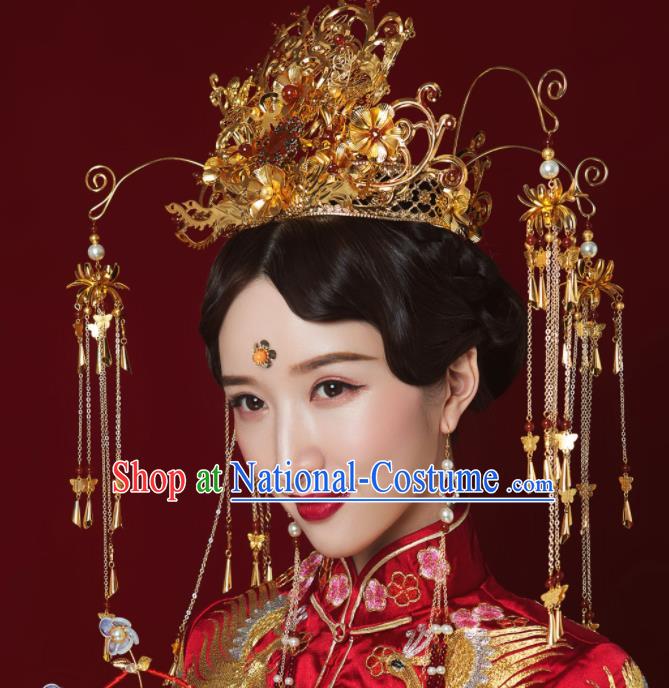 Top Grade Chinese Ancient Queen Golden Phoenix Coronet Hairpins Traditional Hair Accessories Headdress for Women