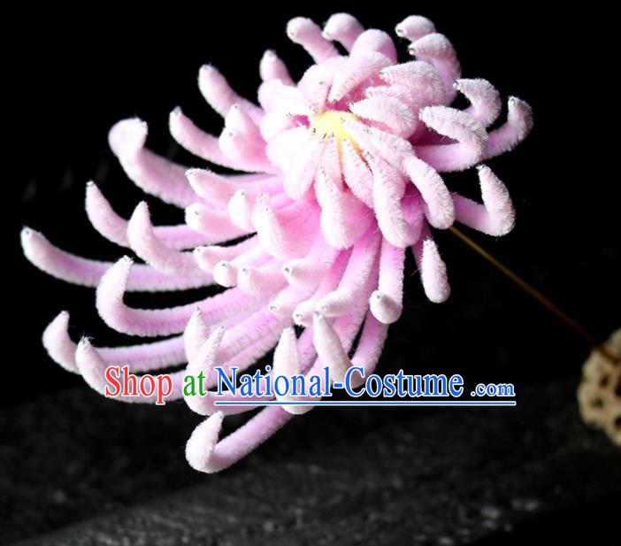 Chinese Ancient Palace Pink Velvet Chrysanthemum Hairpins Traditional Wedding Hair Accessories for Women