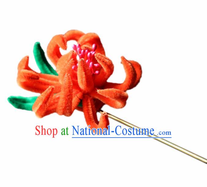 Chinese Traditional Palace Orange Velvet Flower Hairpins Ancient Wedding Hair Accessories for Women