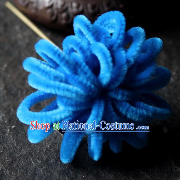 Chinese Traditional Palace Royalblue Velvet Flower Hairpins Ancient Wedding Hair Accessories for Women