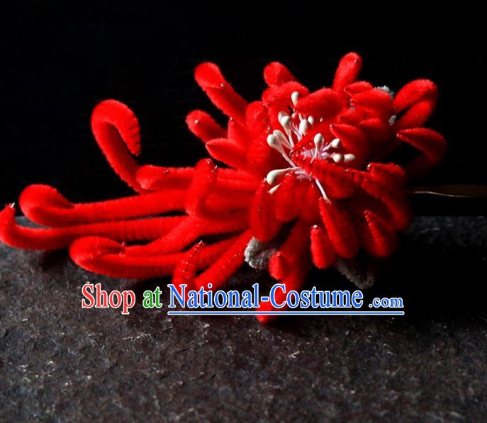 Chinese Traditional Palace Red Velvet Flower Hairpins Ancient Wedding Hair Accessories for Women