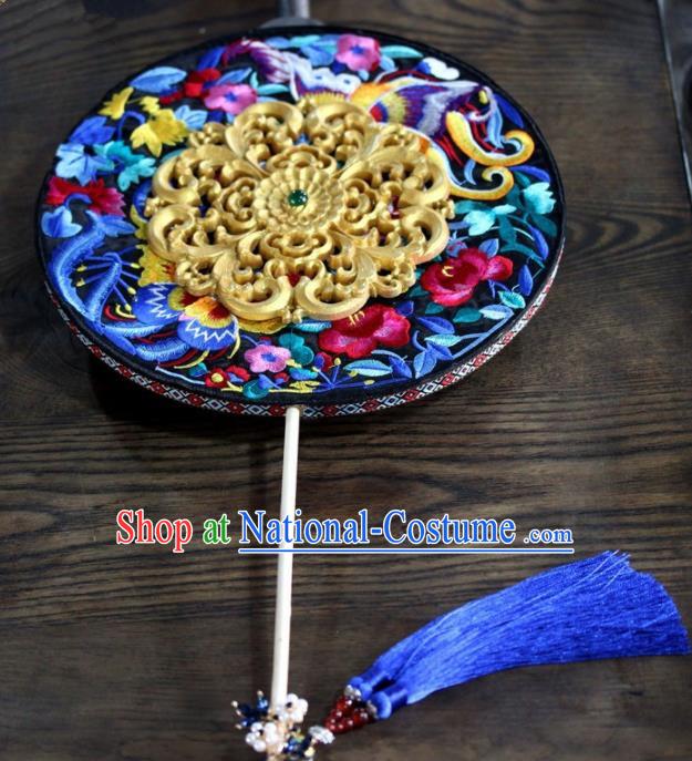 Chinese Handmade Classical Carving Palace Fans Wedding Bride Accessories Blue Round Fan for Women