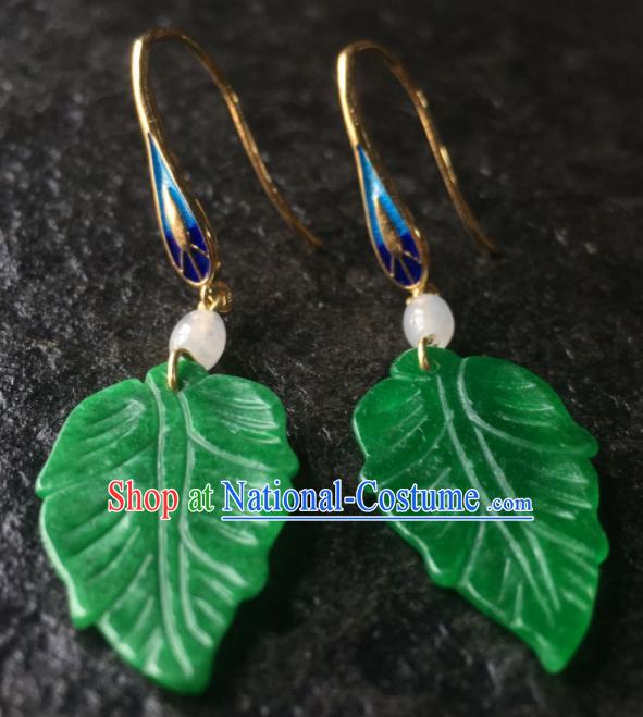 Top Grade Chinese Handmade Green Leaf Earrings Traditional Bride Ear Accessories for Women