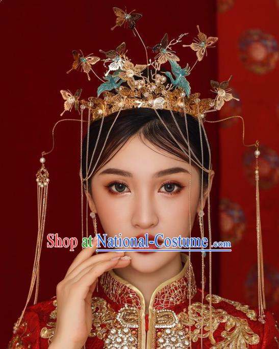 Chinese Ancient Bride Hairpins Butterfly Tassel Phoenix Coronet Traditional Hair Accessories Headdress for Women