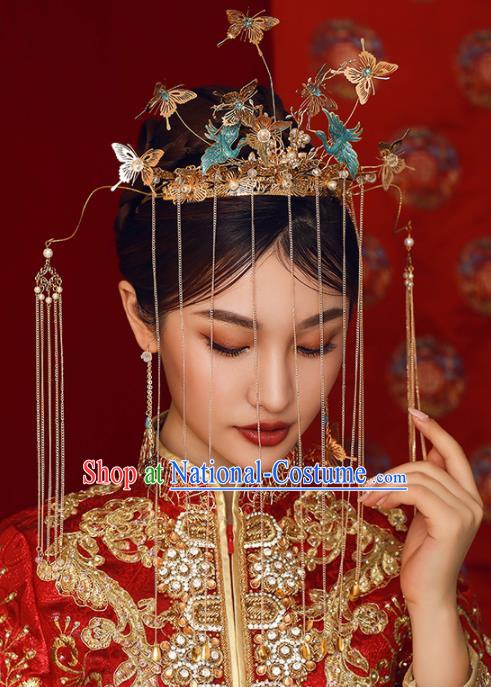 Chinese Ancient Bride Hairpins Butterfly Tassel Phoenix Coronet Traditional Hair Accessories Headdress for Women