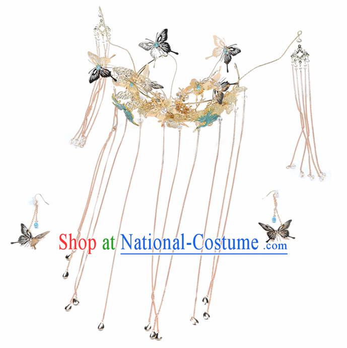 Chinese Ancient Bride Hairpins Butterfly Tassel Phoenix Coronet Traditional Hair Accessories Headdress for Women