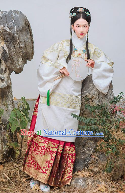 Chinese Traditional Ming Dynasty Palace Historical Costume Ancient Princess White Blouse and Red Horse Face Skirt Complete Set