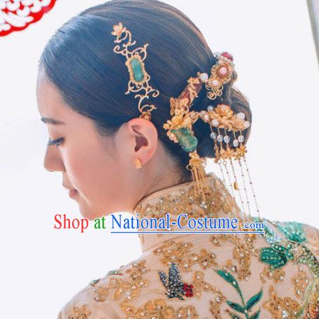 Top Grade Chinese Ancient Queen Jade Hairpins Traditional Hair Accessories Headdress for Women