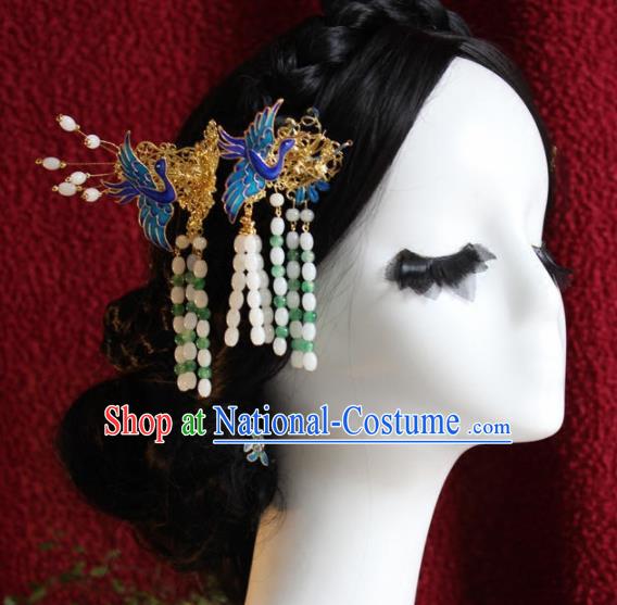 Top Grade Chinese Ancient Bride Wedding Blueing Cranes Hairpins Traditional Hair Accessories Headdress for Women