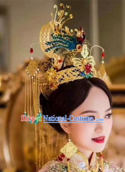 Top Grade Chinese Ancient Bride Wedding Blueing Phoenix Coronet Hairpins Traditional Hair Accessories Headdress for Women