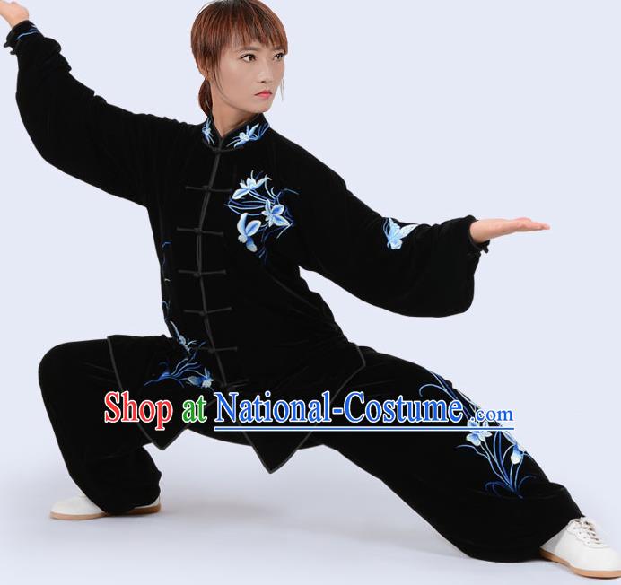 Chinese Traditional Kung Fu Velvet Costume Martial Arts Tai Ji Competition Printing Blue Orchid Clothing for Women