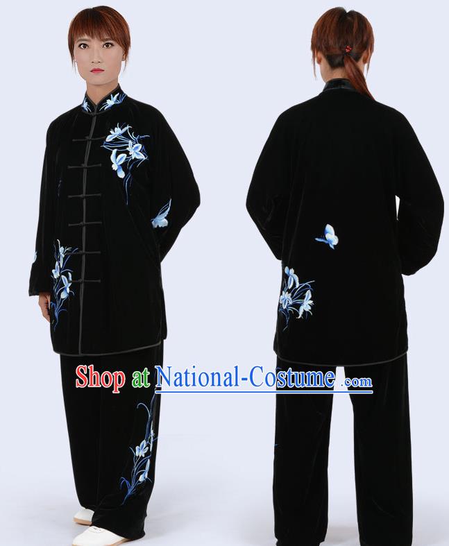 Chinese Traditional Kung Fu Velvet Costume Martial Arts Tai Ji Competition Printing Blue Orchid Clothing for Women