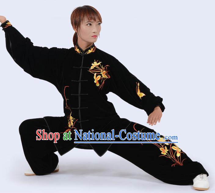 Chinese Traditional Kung Fu Velvet Costume Martial Arts Tai Ji Competition Printing Yellow Orchid Clothing for Women