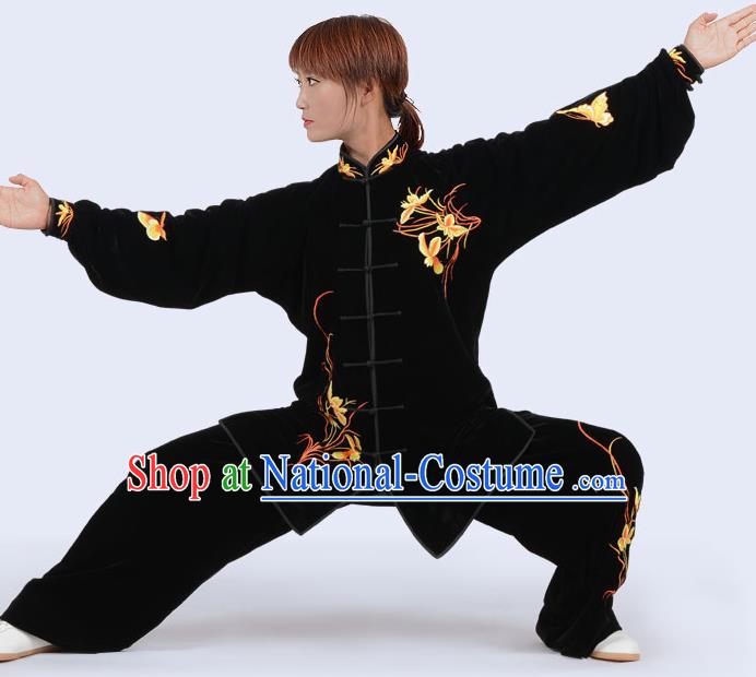 Chinese Traditional Kung Fu Velvet Costume Martial Arts Tai Ji Competition Printing Yellow Orchid Clothing for Women