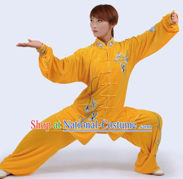 Chinese Traditional Kung Fu Yellow Velvet Costume Martial Arts Tai Ji Competition Printing Orchid Clothing for Women