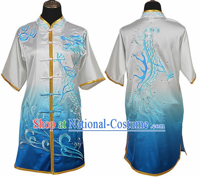 Chinese Traditional Kung Fu Embroidered Dragon Gradient Blue Costume Martial Arts Tai Ji Competition Clothing for Men