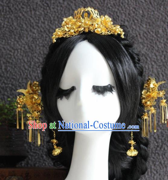 Handmade Chinese Ancient Bride Golden Hair Clips Traditional Hair Accessories Headdress for Women