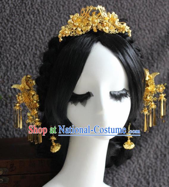 Handmade Chinese Ancient Bride Golden Hair Clips Traditional Hair Accessories Headdress for Women