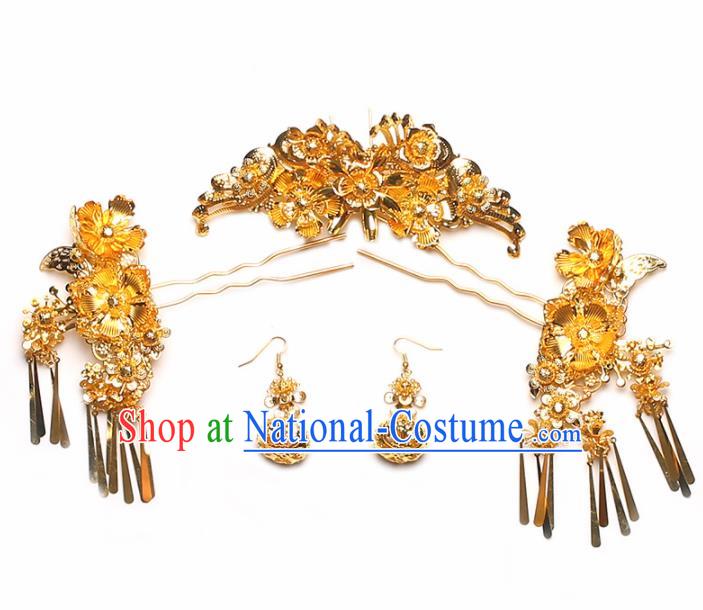 Handmade Chinese Ancient Bride Golden Hair Clips Traditional Hair Accessories Headdress for Women