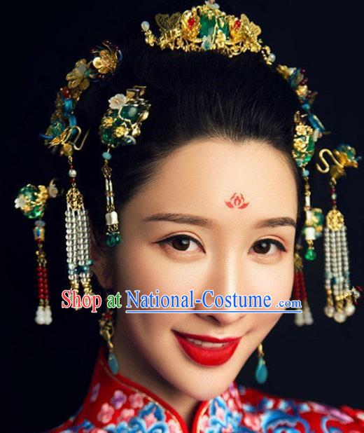 Handmade Chinese Ancient Bride Green Glass Hair Combs Traditional Hair Accessories Headdress for Women