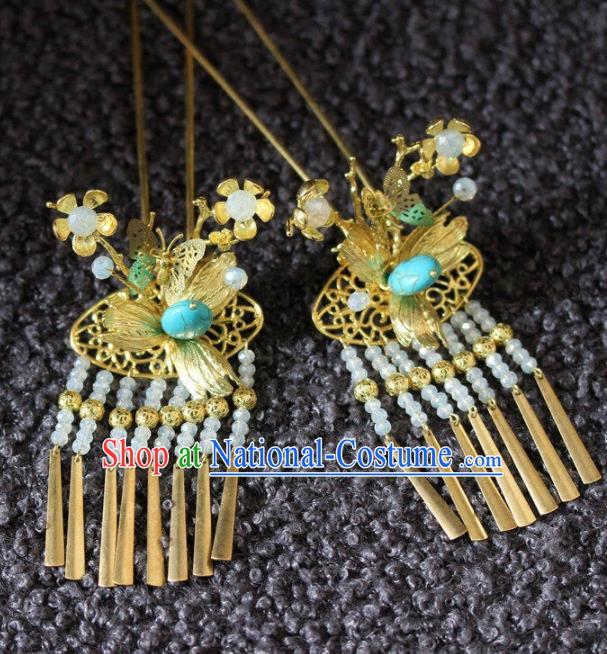 Handmade Chinese Ancient Golden Butterfly Tassel Hairpins Traditional Hair Accessories Headdress for Women