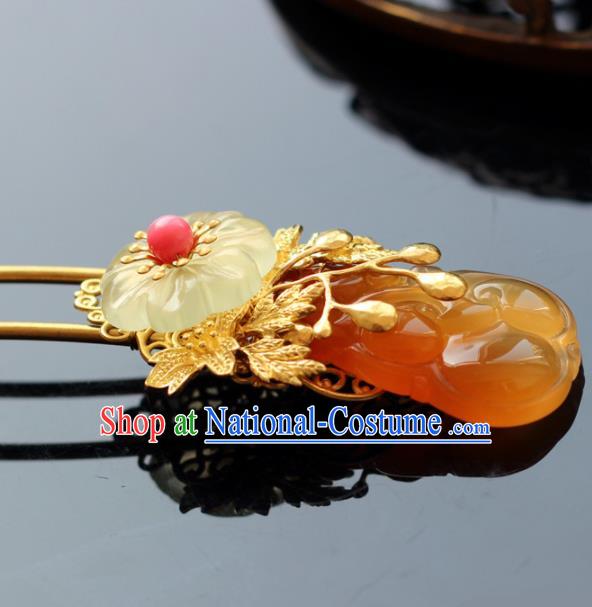 Handmade Chinese Ancient Princess Yellow Chalcedony Hairpins Traditional Hair Accessories Headdress for Women