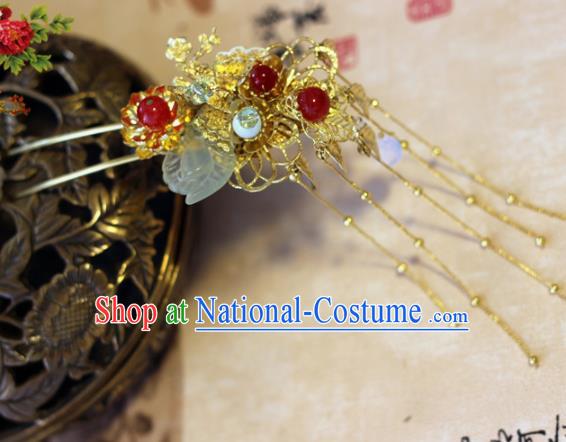 Handmade Chinese Ancient Palace Golden Tassel Hairpins Traditional Hair Accessories Headdress for Women