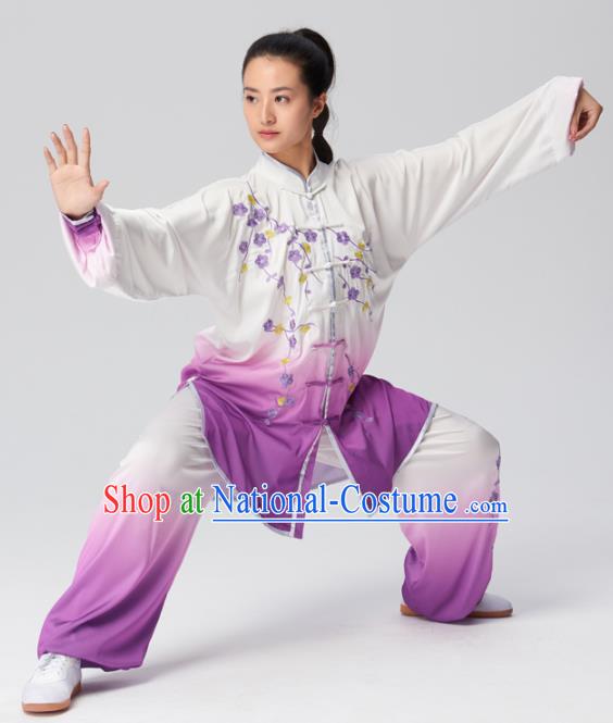 Chinese Traditional Kung Fu Tai Chi Group Embroidered Plum Blossom Purple Costume Martial Arts Competition Clothing for Women