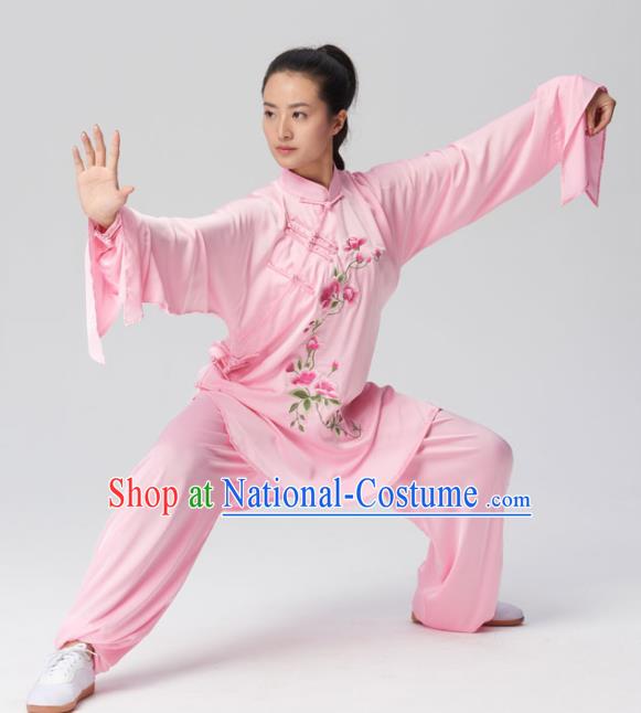 Chinese Traditional Tai Chi Group Embroidered Pink Costume Martial Arts Kung Fu Competition Clothing for Women