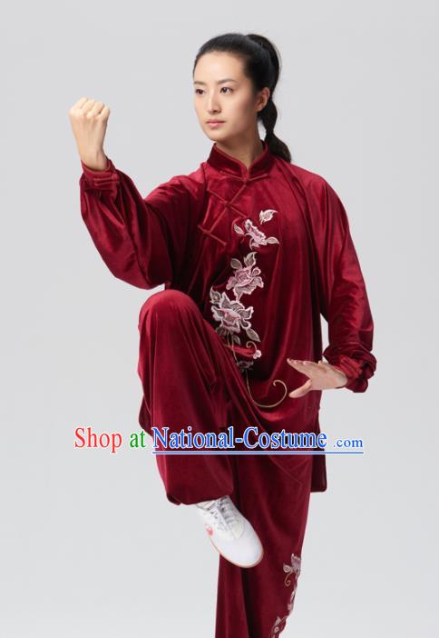 Chinese Traditional Tai Chi Group Wine Red Velvet Costume Martial Arts Kung Fu Competition Clothing for Women