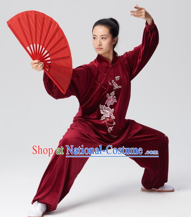 Chinese Traditional Tai Chi Group Wine Red Velvet Costume Martial Arts Kung Fu Competition Clothing for Women