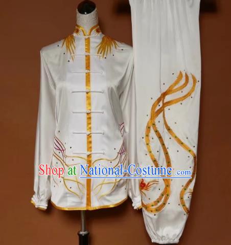 Chinese Traditional Tai Chi Group Embroidered Phoenix White Costume Martial Arts Kung Fu Competition Clothing for Women