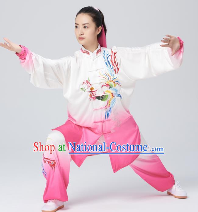 Chinese Traditional Tai Chi Group Rosy Costume Martial Arts Kung Fu Competition Embroidered Phoenix Clothing for Women