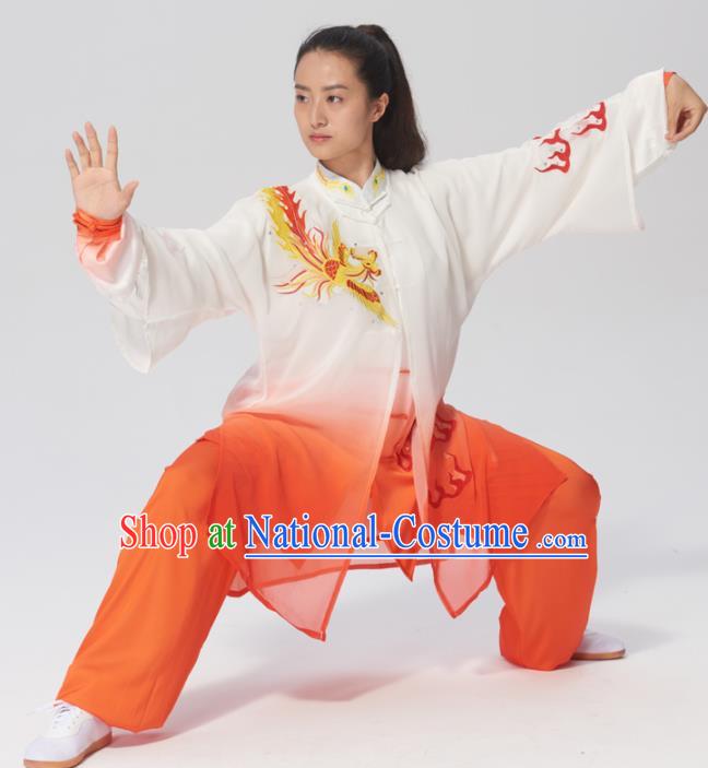 Chinese Traditional Tai Chi Group Embroidered Phoenix Orange Costume Martial Arts Kung Fu Competition Clothing for Women