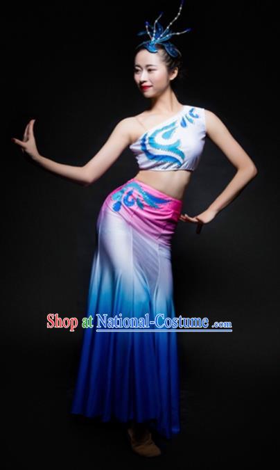 Chinese Traditional Dai Nationality Dance Costume Ethnic Peacock Dance Blue Dress for Women