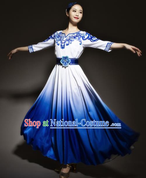 Chinese Traditional Chorus Blue Dress Modern Dance Stage Performance Costume for Women