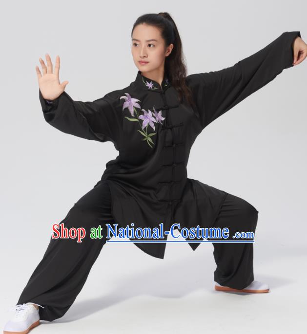 Chinese Traditional Tai Chi Group Embroidered Orchid Black Costume Martial Arts Kung Fu Competition Clothing for Women