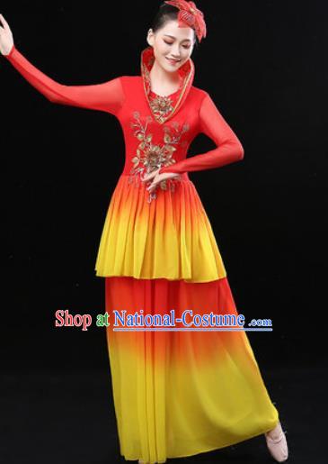 Chinese Traditional Classical Dance Red Dress Umbrella Dance Stage Performance Costume for Women