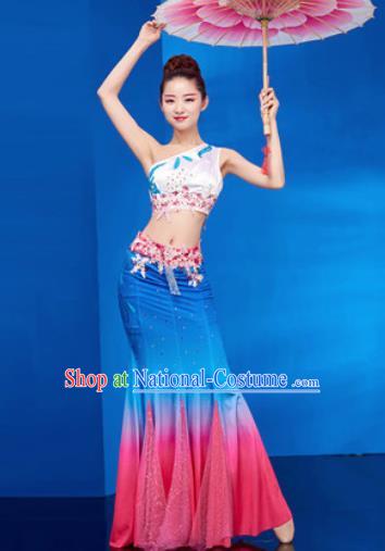 Traditional Chinese Dai Nationality Folk Dance Blue Dress National Ethnic Peacock Dance Costume for Women