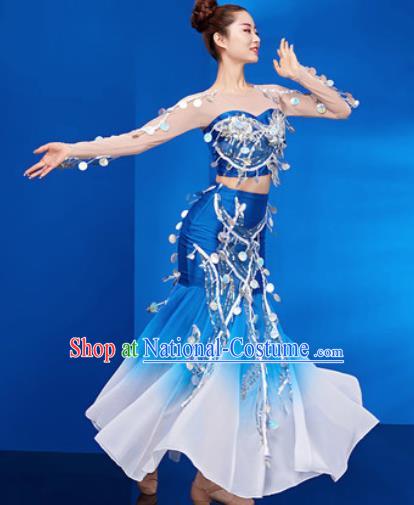 Traditional Chinese Dai Nationality Folk Dance Blue Dress National Ethnic Peacock Dance Costume for Women