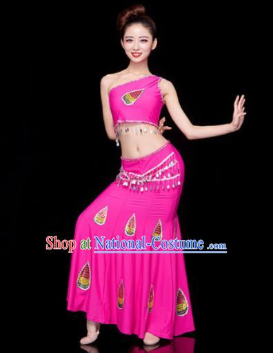 Traditional Chinese Dai Nationality Folk Dance Rosy Dress National Ethnic Peacock Dance Costume for Women