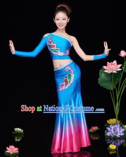 Traditional Chinese Dai Nationality Folk Dance Deep Blue Dress National Ethnic Peacock Dance Costume for Women